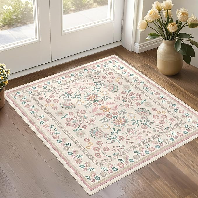 Square Area Rugs : Washable 4x4 Floral Carpet for Living Room Bedroom - Soft Floor Mat with Non Slip Backing for Kitchen Nursery Dorms Farmhouse Home Decor - Pink