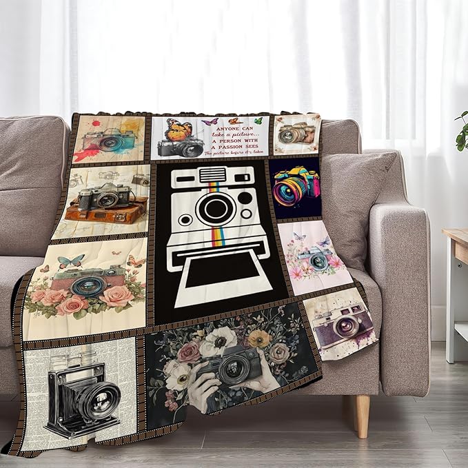 Retro Camera Fleece Blanket Photography Throw Blankets for Girls Boys Super Soft Warm Flannel Vintage Throws Gifts for Men Women Cozy Fuzzy Plush Stuffed Couch Bed Bedding Decor 50"X40"