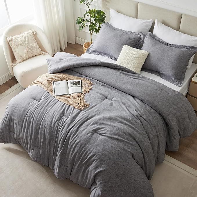 CozyLux California King Comforter Set - 3 Pieces Grey Soft Luxury Cationic Dyeing Cal King Comforter Bedding for All Season, Gray Breathable Lightweight Bed Sets with 1 Comforter and 2 Pillow Shams