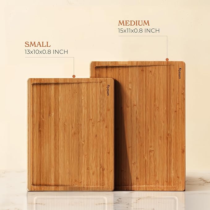 SMIRLY Bamboo Cutting Boards, Brown Bamboo Wood Cutting Board for Kitchen, Set of 2 Medium -Small & Deep Juice Groove, Butcher Block for Chopping Meat, Charcuterie Cheese Tray, Kitchen Gadgets