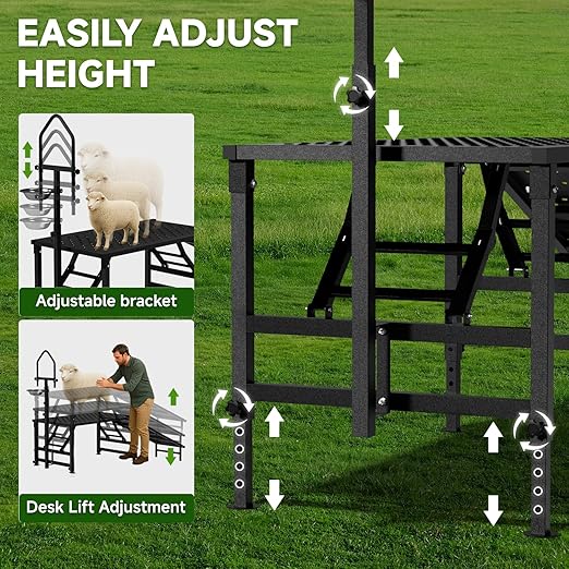 Goat Milking Stand with a Ramp, Metal Goat Stand with Feed Bin, 600LBS Livestock Trimming Stand with Height Adjustable, Sturdy Sheep Stand for Goats and Lambs, Black.