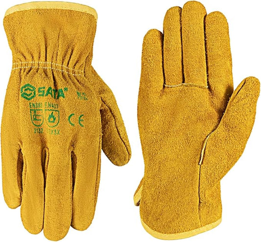 SATA 1 Pack Full Leather Gloves, Mechanics Work Gloves, Cow Split Thin Core Leather, Oil Proof Cut Proof Gardening Gloves