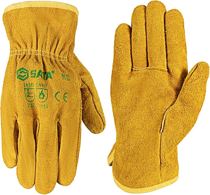 SATA 1 Pack Full Leather Gloves, Mechanics Work Gloves, Cow Split Thin Core Leather, Oil Proof Cut Proof Gardening Gloves