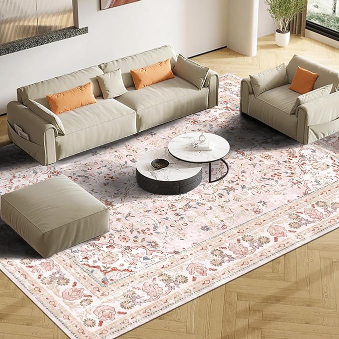 Vhong Pink Area Rugs Boho Washable Vintage Modern Neutral Large Carpet 8×10 Rugs for Dinning Room Living Room Bedroom Girls' Room Nursery Room Non Slip