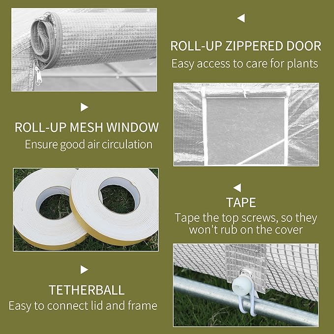 Outsunny 20' x 10' x 7' Walk-in Greenhouse, Tunnel Green House with Galvanized Steel Frame, Hoop House Kit with Zippered Door and 6 Windows, White