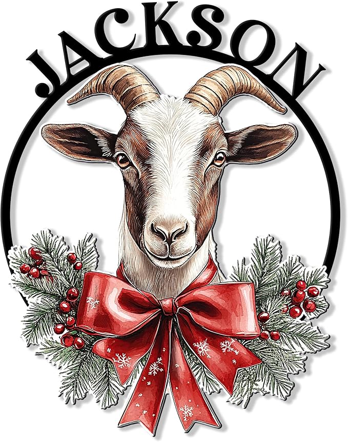 Custom Goat Christmas Metal Sign – Personalized Name Wall Decor for Porch Yard, Barn, Farmhouse, or Home – Funny Holiday Gift for Animal Lover, Mom, Dad, Farmer, or Neighbor