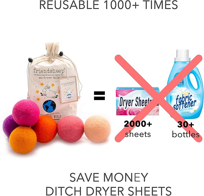 Friendsheep Wool Dryer Balls, Organic Reusable Fabric Softener Alternative for Laundry, Handmade, Fair Trade, Hypoallergenic, Eco-Friendly, Plastic-Free (6 Pack XL - Tropical Sunset)