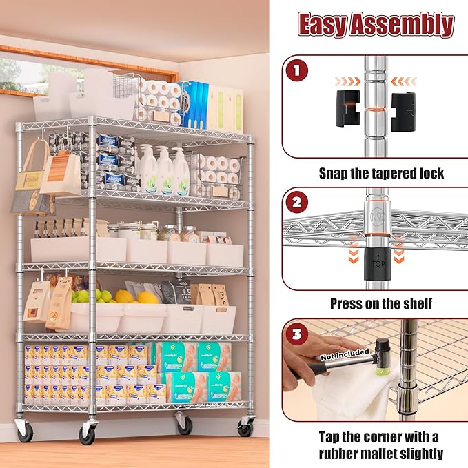 PrimeZone 5 Tier 48" Wx24''Dx81''H Wire Shelving with Wheels 3000lbs NSF Certified Storage Shelves Heavy Duty Metal Shelf Adjustable Rolling Rack Commercial Garage Restaurant Warehouse Chrome 4Pack