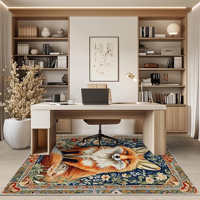 6x9 Fox Area Rugs Boho Floral Flower Rug for Living Room Indoor Soft Non-Slip Thin Large Carpet Vintage Rugs for Bedroom Home Decor Under Table Washable Machine