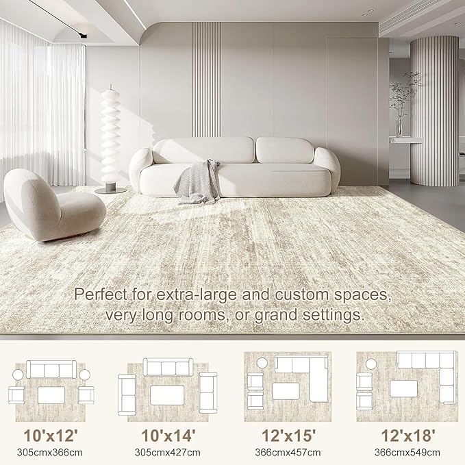 10x13 Area Rug Living Room Rugs - Washable Neutral Modern Abstract Soft Thin Rug Indoor Floor No Slip Rug Carpet for Bedroom Under Dining Table Home Office Decor - Beige
