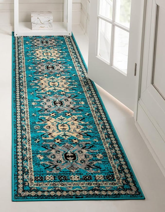 Unique Loom Taftan Collection Border Geometric Tribal Inspired Design Area Rug, 2 ft 7 in x 10 ft, Turquoise/Gray