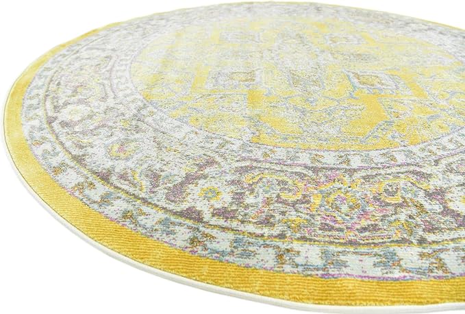Unique Loom Baracoa Collection Area Rug - Prado (5' 5" Round, Yellow/ Ivory)