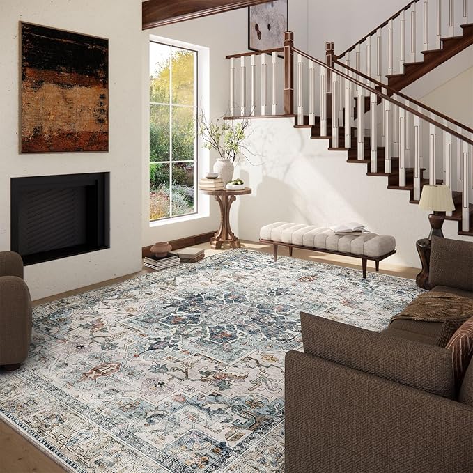 10x12 Area Rugs for Living Room: Large Area Rug Washable Stain Resistant Non Slip Distressed Vintage Low Pile Faux Wool Soft Rugs for Bedroom Farmhouse Dining Room Kids Playroom Nursery