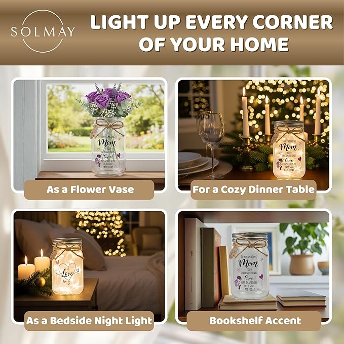 SOLMAY Mom Gifts – Mason Jar Night Light with Quotes – Sentimental Christmas, Birthday & Mother’s Day Gift from Daughter or Son – Inspirational Décor Jar with LED Fairy Lights