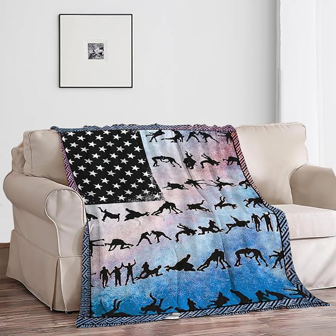 Wrestling Blanket American Flag Decor Throw Blanket Super Soft Flannel Lightweight Fluffy Plush Fuzzy Fleece Sports Blanket Gifts for Wrestler Boys Man Woman Girls Kids Adults for Bed Sofa 40"X50"
