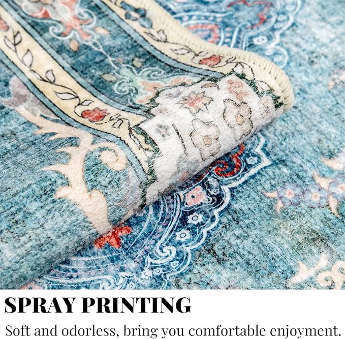 MUJOO Teal Rug 8'x10' Area Rugs for Living Room Blue Washable Rugs Large Rug Boho Rug 8'x10' for Bedroom Non Slip Abstract Soft Low-Pile Floral Colorful Flowers