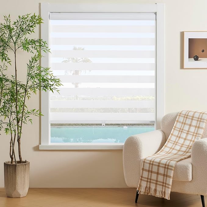 Cordless Zebra Blinds for Indoor Windows Free-Stop Zebra Shades Dual Layer Light Filtering Sheer Shades Roller Window Blinds for Home (50" W X 72" H, White)