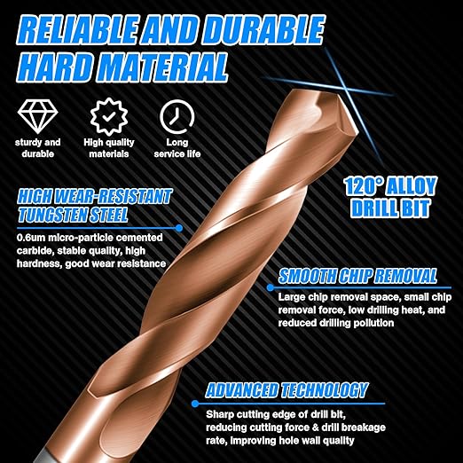 Solid Carbide 1/8" Drill Bits, Tungsten Carbide Drill Bit Set with TISIN Coated, Metal Drill Bit Set for Stainless Steel Hardened Steel Cast Iron Alloy Copper, 5 Pcs