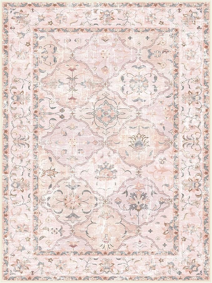 Boho Vintage Area Rugs 3×5 Washable Non-Slip Traditional Pink Area Rug for Nursery Living Room Bedroom Dining Room Girls' Room