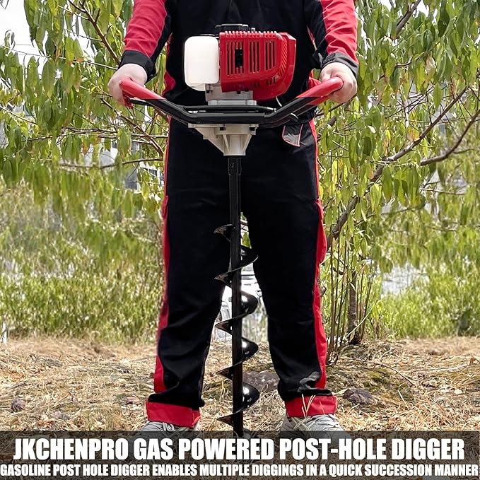 JKCHENPRO 2 Stroke Gas Powered Post Hole Digger, 52CC&1800W Earth Auger Hole Digger with Two Earth Auger Drill Bit 4" / 6" / 8", and Three 10” Extension Rods, Ideal for Farmland, Garden and Plant