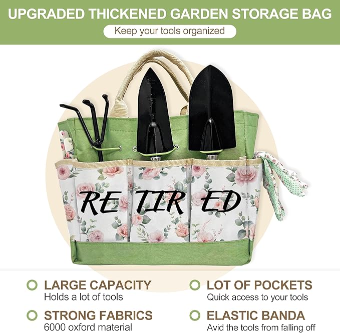 Retirement Gift for Woman, Mothers Day Garden Kit Retirement Gifts Floral Gardening Tool and Durable Garden Tool Organizer Bag, Gardening Set for Grandma/Coworker, Retired Plant Lover Birthday Present