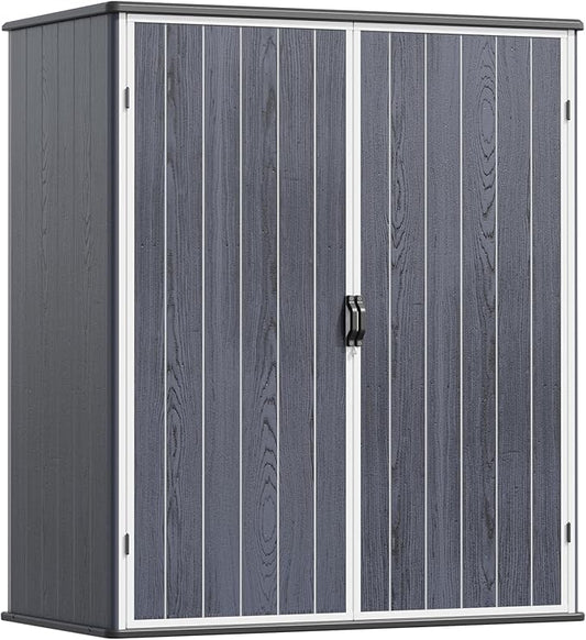 Devoko 5 x 3 Resin Outdoor Storage Shed with Floor - Waterproof Plastic Outdoor Tool Cabinet with Lockable Doors for Patio Furniture, Pool Accessories, Garden Tools (Deep Gray)
