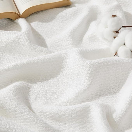 Bedsure 100% Cotton Large Blanket Oversized King for Bed 120x94 inches - Breathable Soft Cozy Herringbone Woven Blanket for Summer, Couch Cover, White
