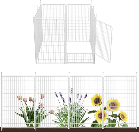 Garden Fence with Gate 50 in(H) x 20.5 ft(L) 8 Panels, Heavy Duty Metal Animal Barrier for Dog and Rabbit, Outdoor Fencing, Easy Set Up, White