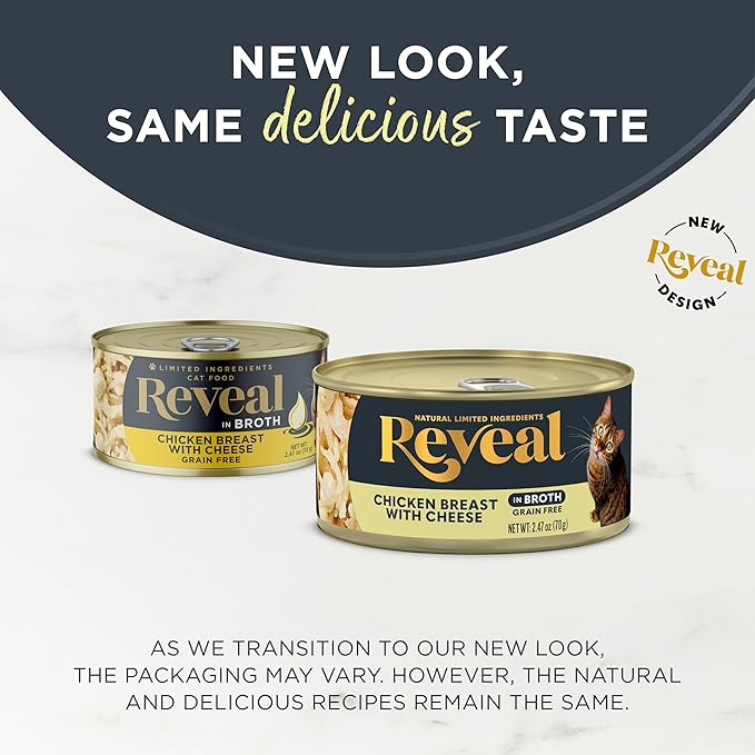 Reveal Natural Wet Canned Cat Food, Limited and Natural Ingredients, Grain Free, High Protein with No Artificial Additives, Chicken Breast with Cheese in Broth (24 x 2.47 oz Cans)
