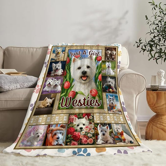 West Highland White Terrier Fleece Blanket Cute Westies Dog Throw Blankets for Girls Boys Super Soft Warm Flannel Animal Throws Gifts for Men Women Cozy Fuzzy Plush Stuffed Couch Bed Decor 80"X60"