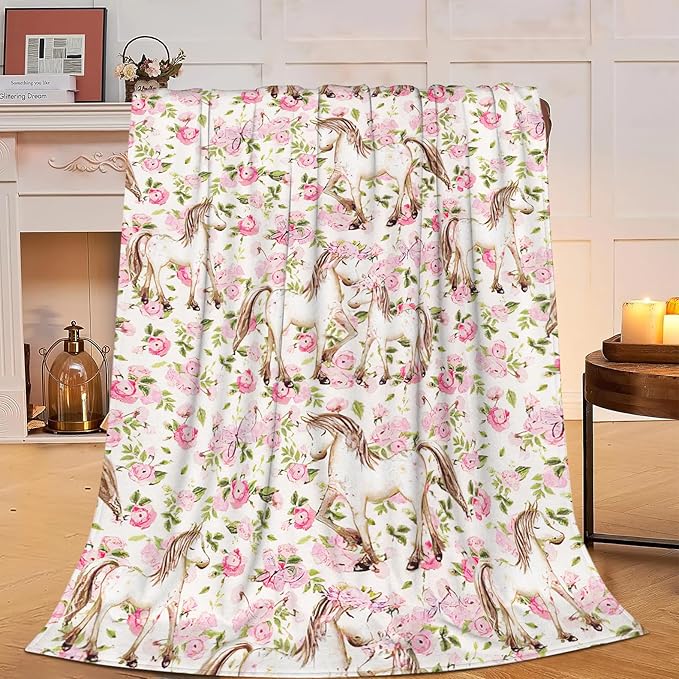 Horse Floral Blanket Pink Cute Horse Baby Throw Blanket Super Soft Plush Lightweight Warm Fleece Flannel Decor Blanket Gifts for Girls Women Boys Men Kids for Sofa Couch Bed 60"X80"