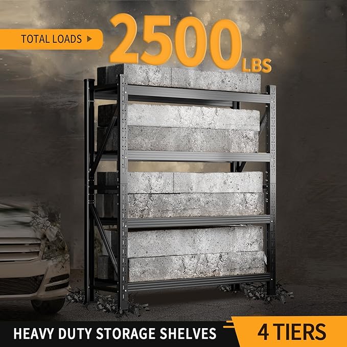 63" H Storage Garage Shelving Unit, 2500LBS Heavy Duty Metal Shelves Organization, Adjustable 4 Tier Utility Storage Shelf Rack for Industrial, Basement, Warehouse (Black, 19.7" D×31.5" W×63" H)