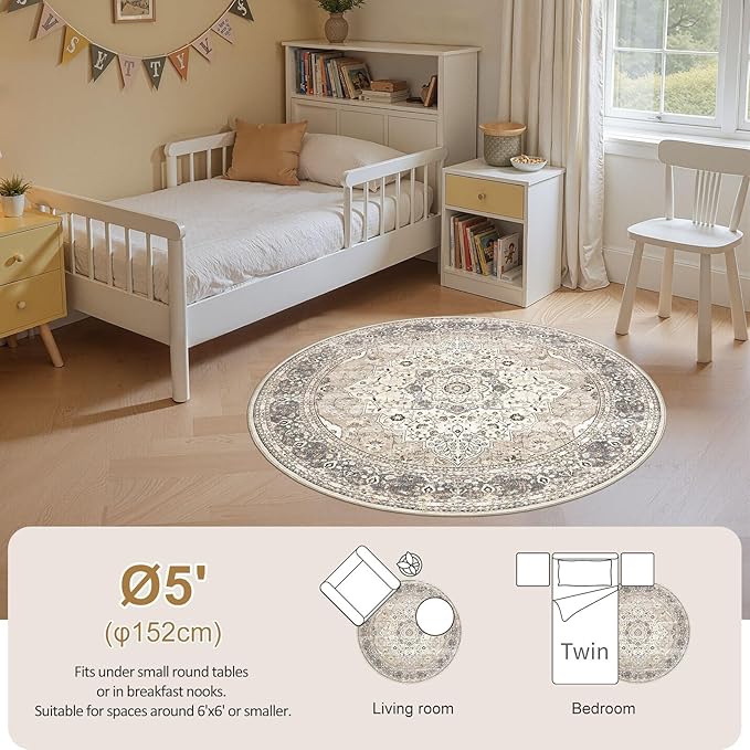 Washable 5 Ft Round Area Rug - 5x5 Area Rugs for Living Room Bedroom Dining Room Home Office Floor Decor- Vintage Floral Stain & Fade Resistant Non-Slip Backing Carpet (Camel/Beige)