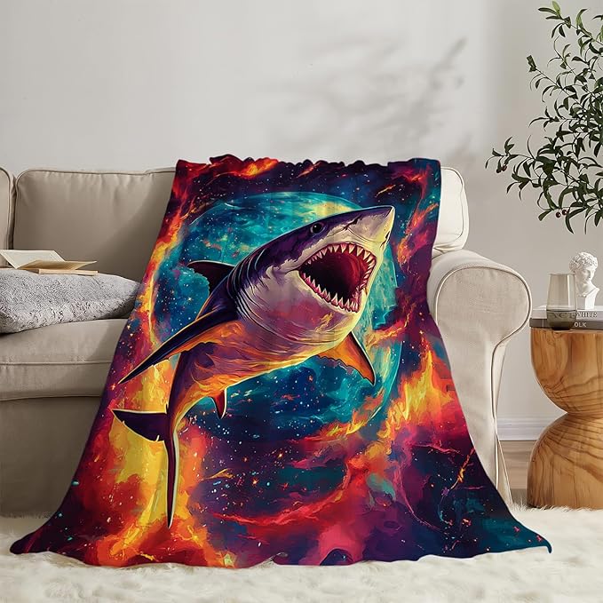 Shark Blanket, Space Shark Throw Blanket Gifts Blankets Stuff Fleece Flannel Plush for Girls Women Men Boys Lovers Adults Soft Bedding Gift for Sofa Bed Office Home Decor 60"x50"