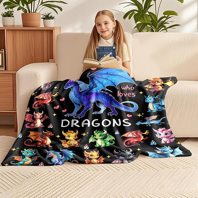 Dragon Blanket Ultra Soft Flannel Dragon Throw Blanket Dragons Birthday Bedding Decor Gifts for Kids Girls Boys Adults 60" x 50"