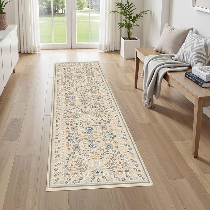 Runner Rug for Hallways Kitchen: 2x6 Washable Area Rug Boho Floral Soft Long Rug - Non-Slip Low Pile Throw Indoor Carpet for Entryway Kitchen Bedroom Laundry Bathroom - Multi Color