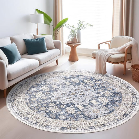 zesthome Washable Round Area Rugs - Non-Slip 6ft Round Rugs, Ultra-Thin Large Circle Rugs for Living Room, Soft Low Pile Rug for Bedroom, Kitchen, Nursery - Vintage Stain Resistant Round Rug