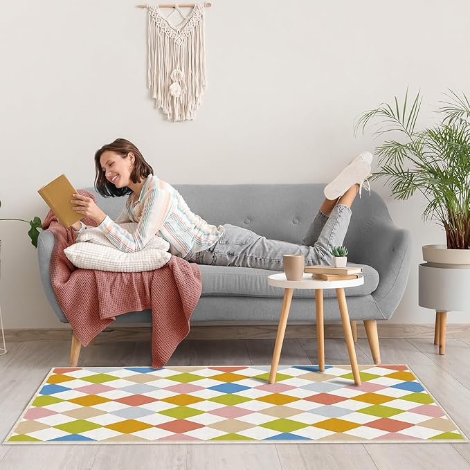 Checkered Washable 3x5 Modern Geometry Colorful Area Rugs Non Slip Low Pile Indoor Floor Small Carpet for Living Room Children's Room Bedroom Dinning Room