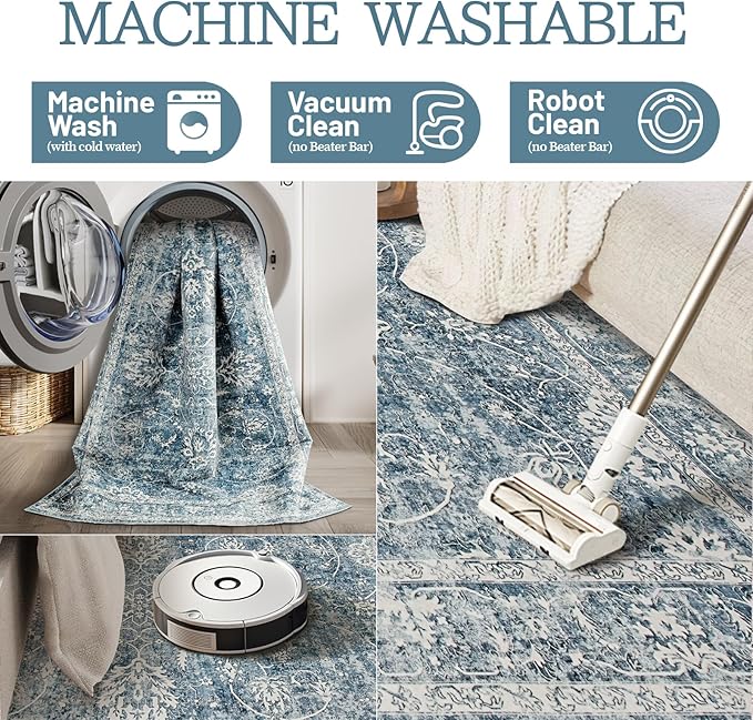 Madane 5x7 Area Rugs for Living Room, Washable Vintage Rug with Non-Slip Backing, Soft Floral Print Throw Rugs Floor Low Pile Carpet for Bedroom Dining Room Farmhouse (5 x 7, Cadet Blue)