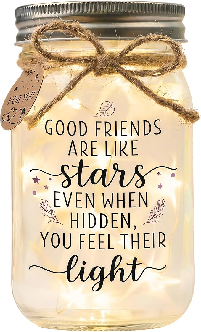 SOLMAY Friendship Gifts for Women – “Good Friends Are Like Stars” Mason Jar Night Light, Best Friend Birthday Gift for Women, Sentimental Christmas Gifts for Her, Cozy Rustic Home Decor Ready to Gift