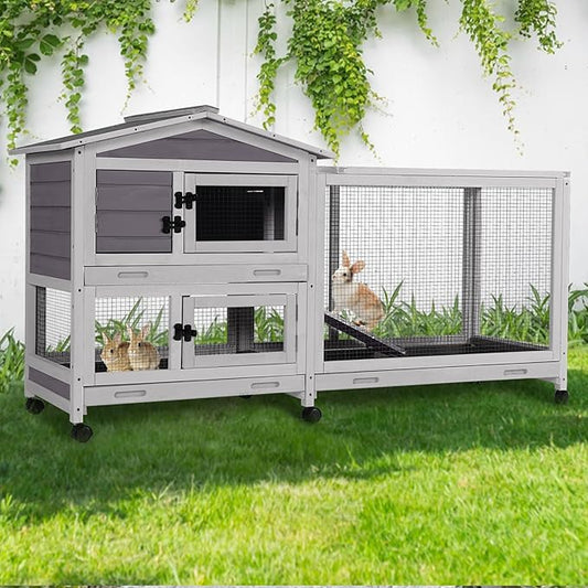 GUTINNEEN Rabbit Hutch Indoor with Chew-Proof Ramp, 62" L Wooden Rabbit Cage with 6 Casters, Bunny Cage with 2 Trays and 2 Story for Small to Medium Animals (Gray)