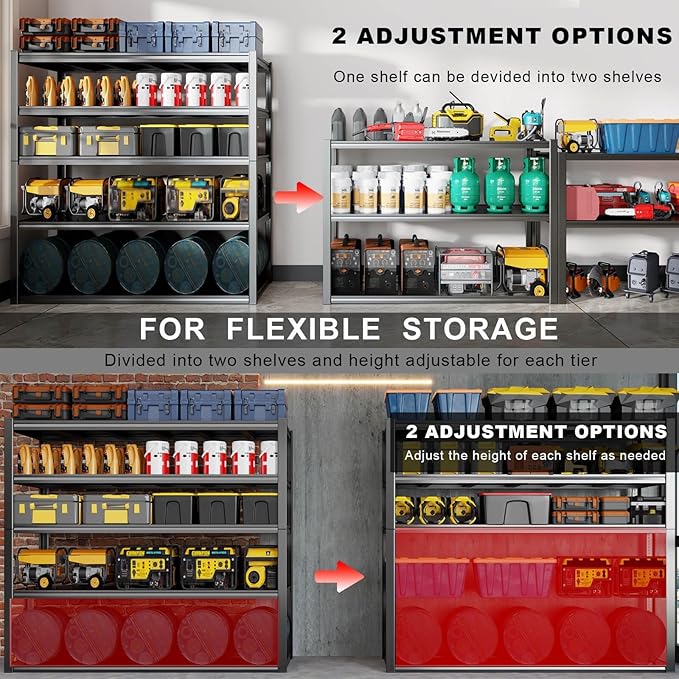 65" W Heavy Duty Garage Shelving, 84" H Garage Storage Shelves, 5 Tier Metal Shelving Unit, Commercial Shelving