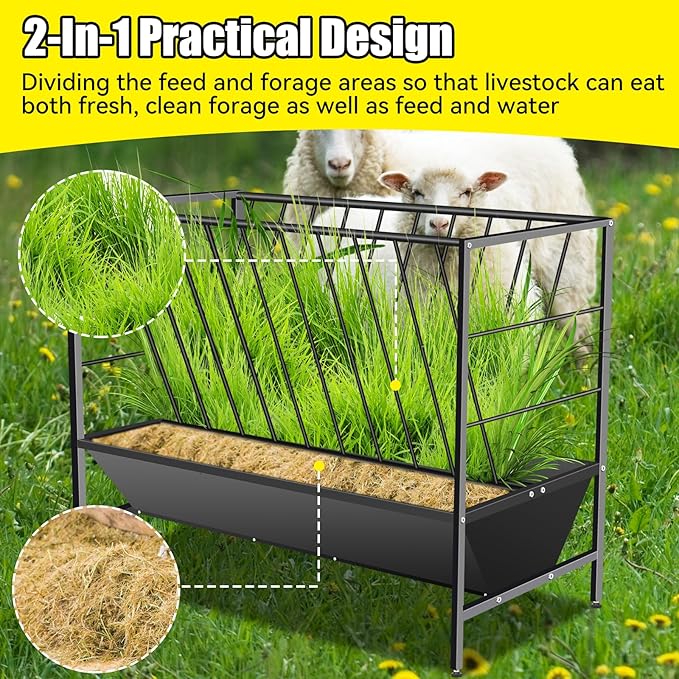 Pasture Hay Feeder 69 Gallon, Livestock 2 in 1 Hay and Grain Feeder, Heavy-Duty Galvanized Metal Goat Feeder with 2 Trays, Pasture Feeder for Goat, Sheep, Foal, Sheep