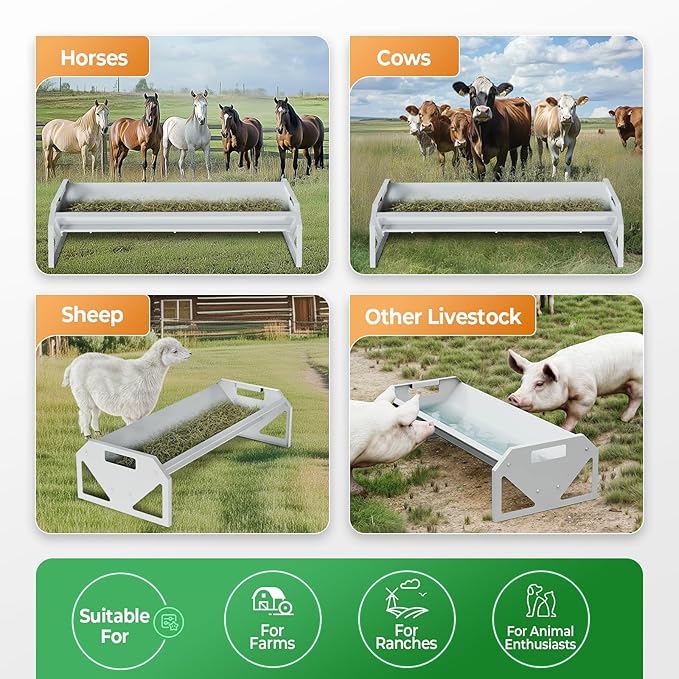 Livestock Feeding Trough 22 Gallon Capacity 45" Hay Feeder Heavy Duty Livestock Trough for Horse Sheep Cattle Hog V-Shaped Farm Sheds Pen Water Feeder Trough Powder Coated Silvery Steel