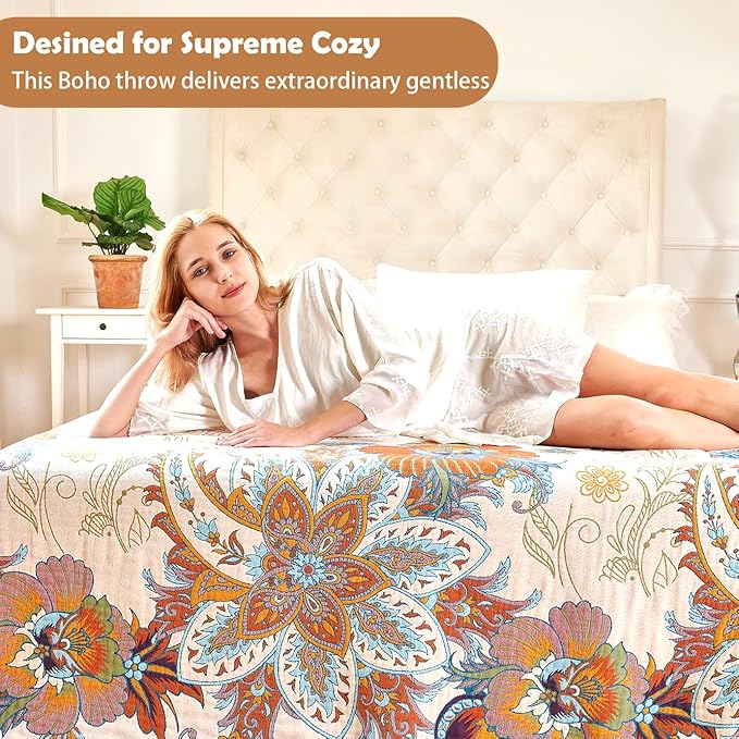 Boho Throw Blanket, 100% Organic Cotton Breathable Skin-Friendly Ultra Soft Bed Quilt Throw - All Season Floral Bird Farmhouse Décor Luxury Blanket for Sofa Couch Chair and Gift. 91" x 98"