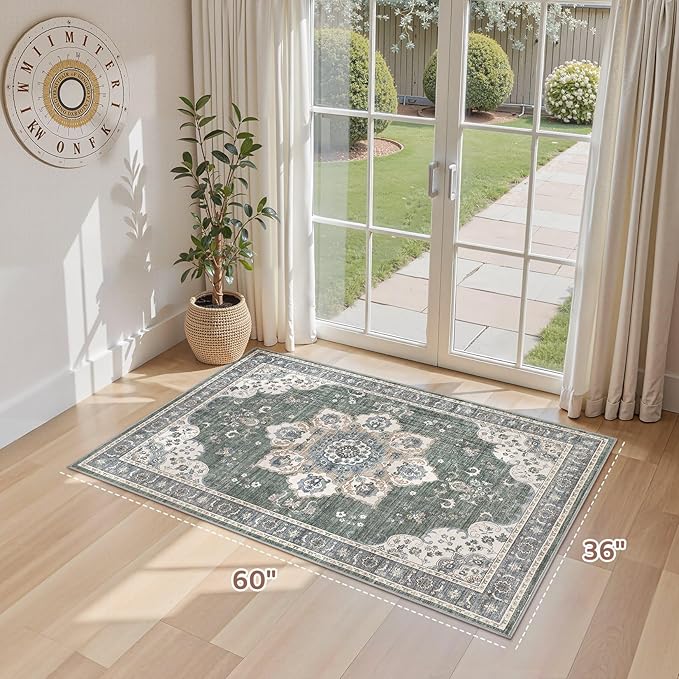 3x5 Washable Entryway Rug: Non-Slip Soft Vintage Floral Indoor Area Rug for Living Room Large Kitchen Entryway Bedroom Bedside, Door Mat Throw Carpet for Laundry Foyer Home Decor (Green)