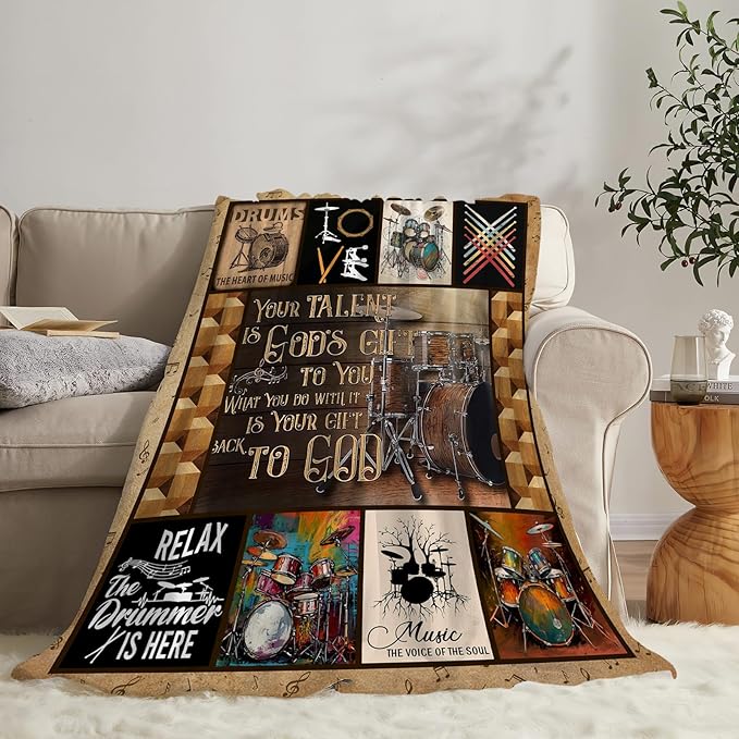 Rock Music Blanket Ultra Soft Cozy Drum Set Kit Throw Blanket Fleece Fuzzy Plush Bedding Vintage Musical Instrument Lovers Gifts for Women Girls Kids Adults 80"x60"