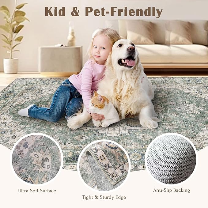 Runner Rugs for Hallway 2.5x10ft - Long Non-Slip Sage Green Washable Boho Runner Rug Low Pile Soft Vintage Farmhouse Oriental Medallion Carpet for Kitchen Living Room Indoor Entryway Bedroom