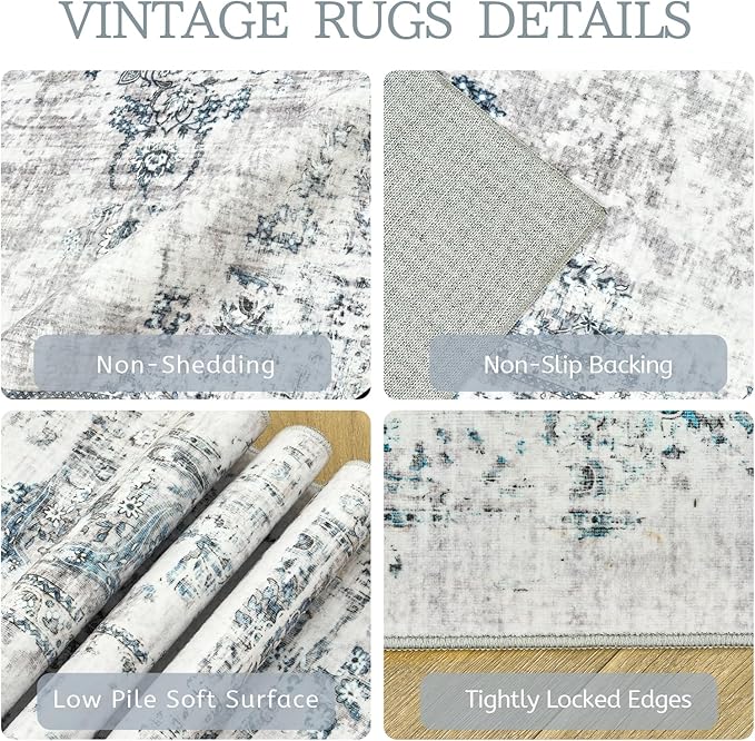 Madane 8x10 Area Rugs for Living Room, Machine Washable Vintage Rug with Non-Slip Backing, Soft Throw Large Rug, Thin Carpet for Bedroom Dining Room Farmhouse Under Table, Blue/Grey
