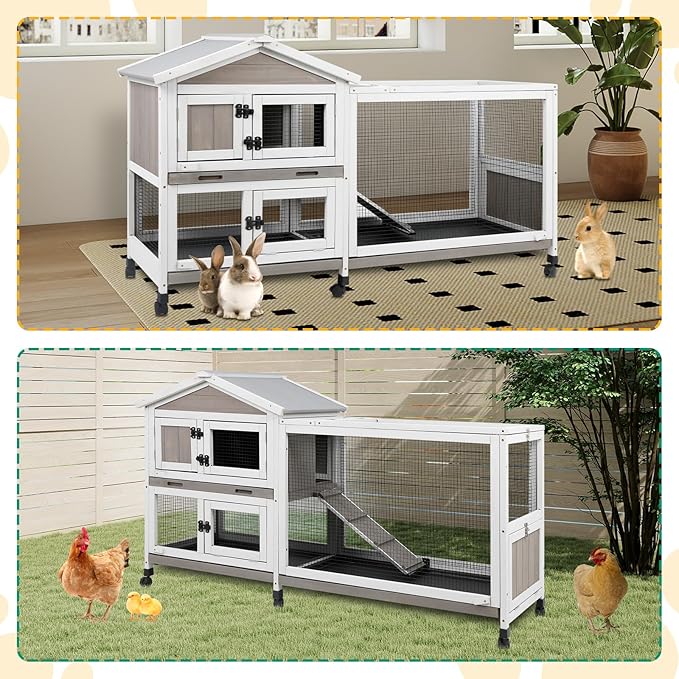 Outdoor Rabbit Hutch 2-Story Hutch for Indoor Bunny Weatherproof Bunny Cage with 6 Wheels, 3 Waterproof,Pull Out Trays, Safe Metal Run, and Multi-Functional Design for 1-3 Rabbits Small Pets